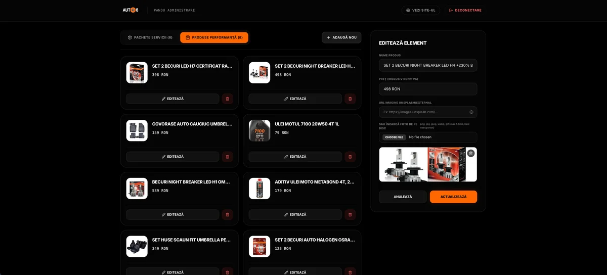 Interfață formular editare produs în panou de administrare Auto S6