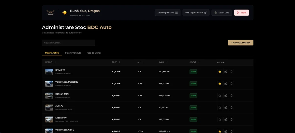 Interfață panou de administrare catalog BDC Auto