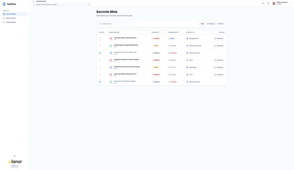 TaskFiles Dashboard - Panoul principal de control (Prezentare Sistem) cu indicatori de stare, statistici rapide și flux de activitate recentă