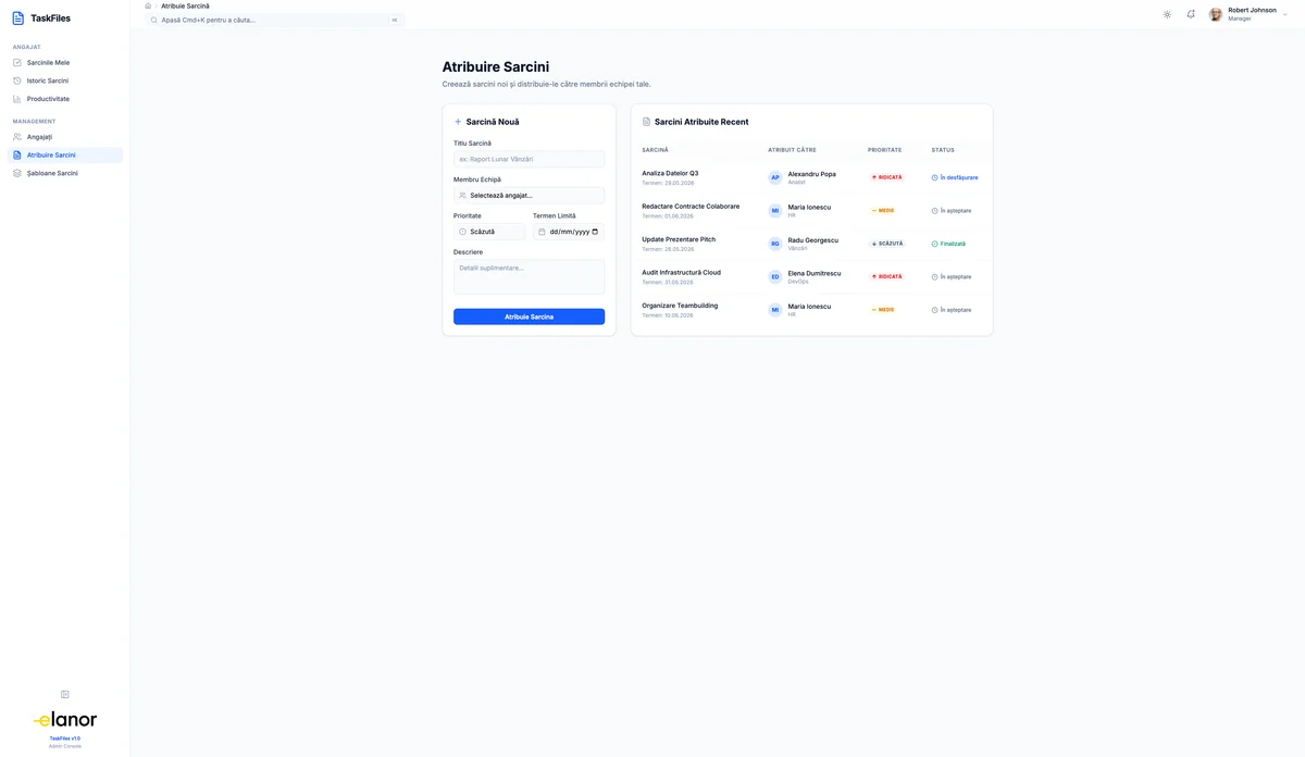 TaskFiles Workspace - Secțiunea 'Sarcinile Mele' cu flux de lucru organizat pentru angajați și gestionarea fișierelor de activitate
